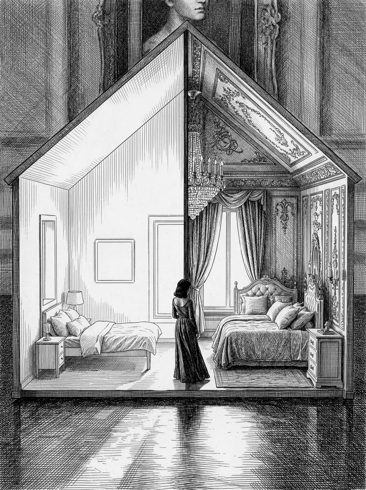 The same illustration translated into a fine-line etching