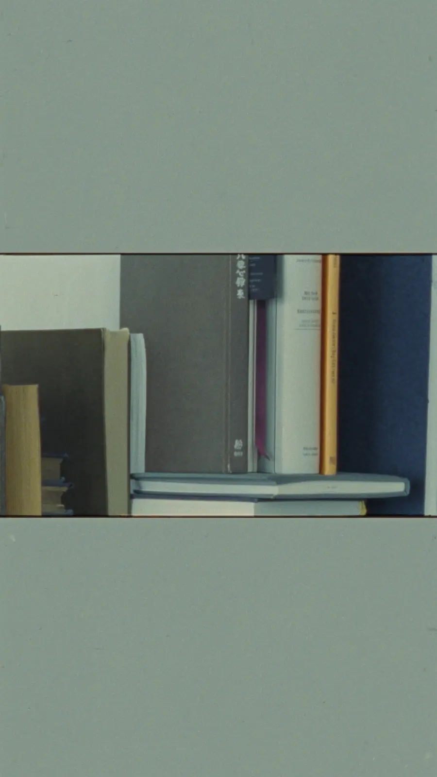 A shelf of books in soft muted tones